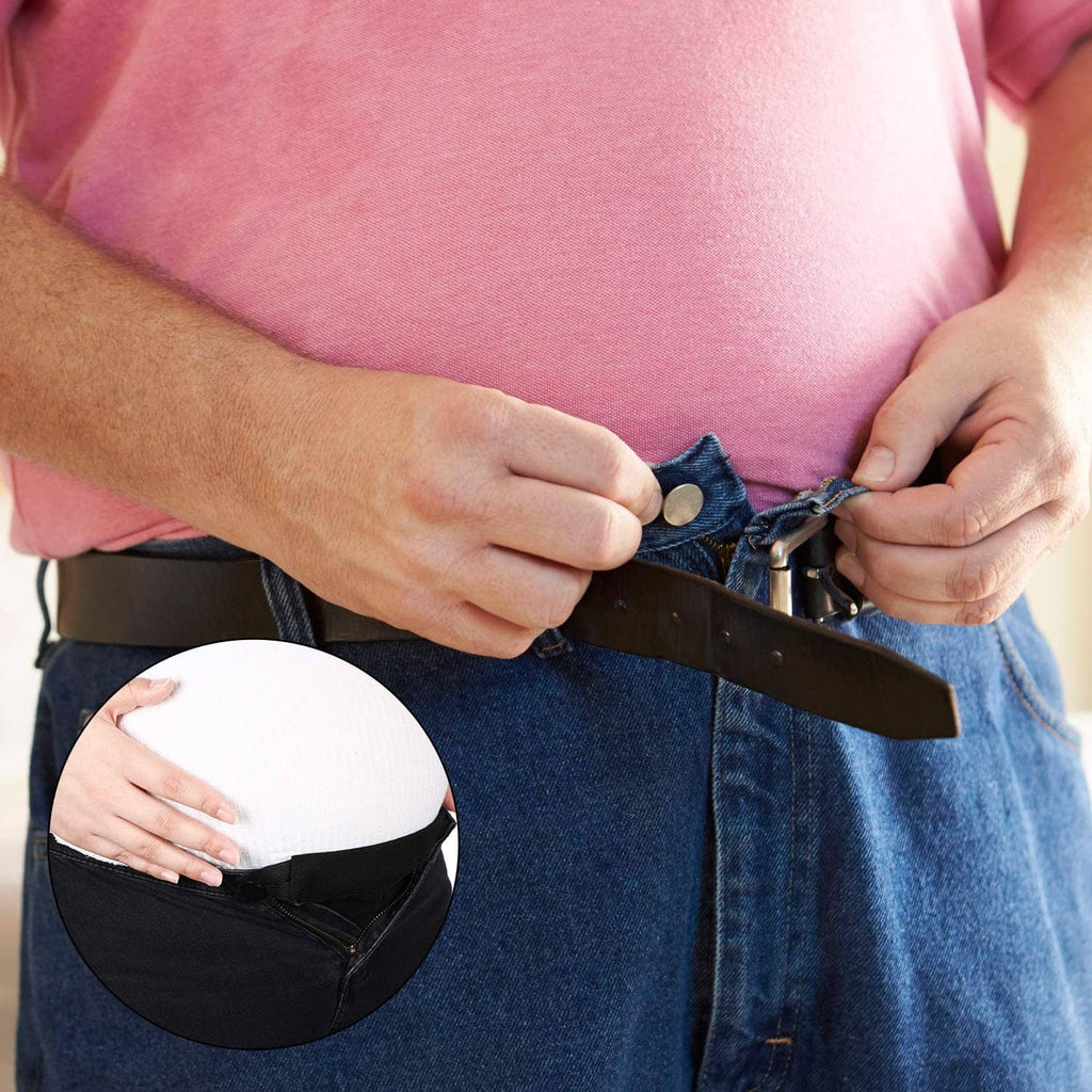 Black maternity waist extender being attached to blue denim waistband with button strap