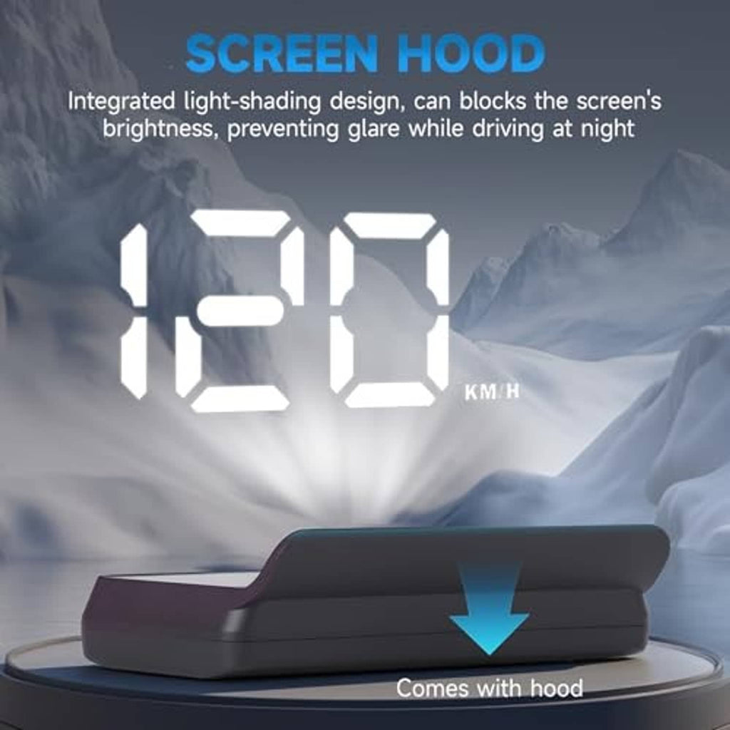 Black HUD speedometer with screen hood accessory to help block glare