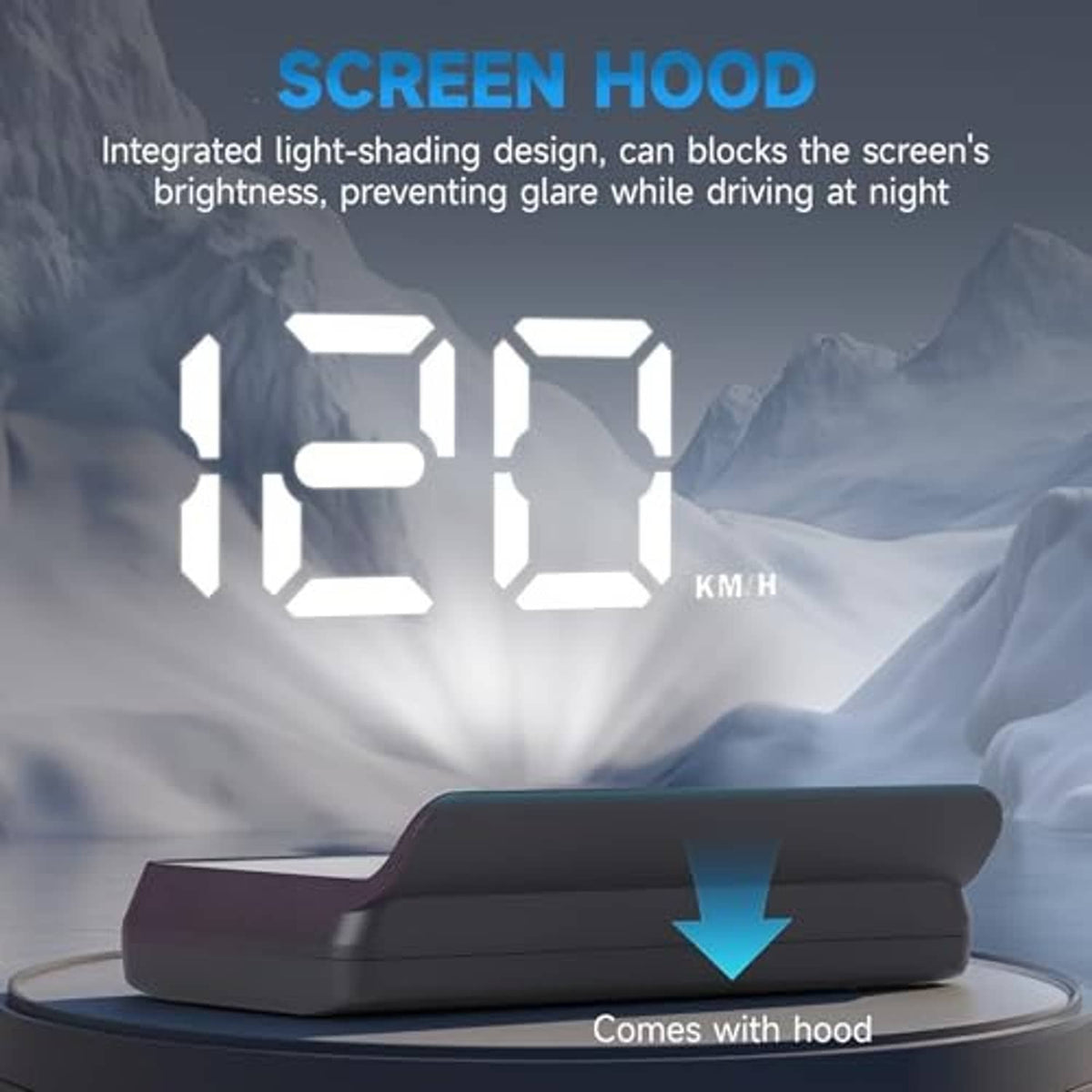 Black HUD speedometer with screen hood accessory to help block glare