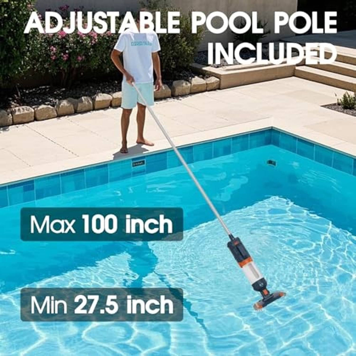 Adjustable-pole pool vacuum with cleaning head for in-pool debris removal