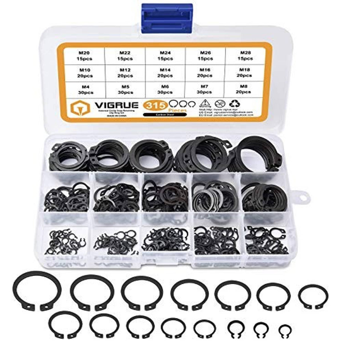 External circlip assortment kit with black snap rings and clear organizer case