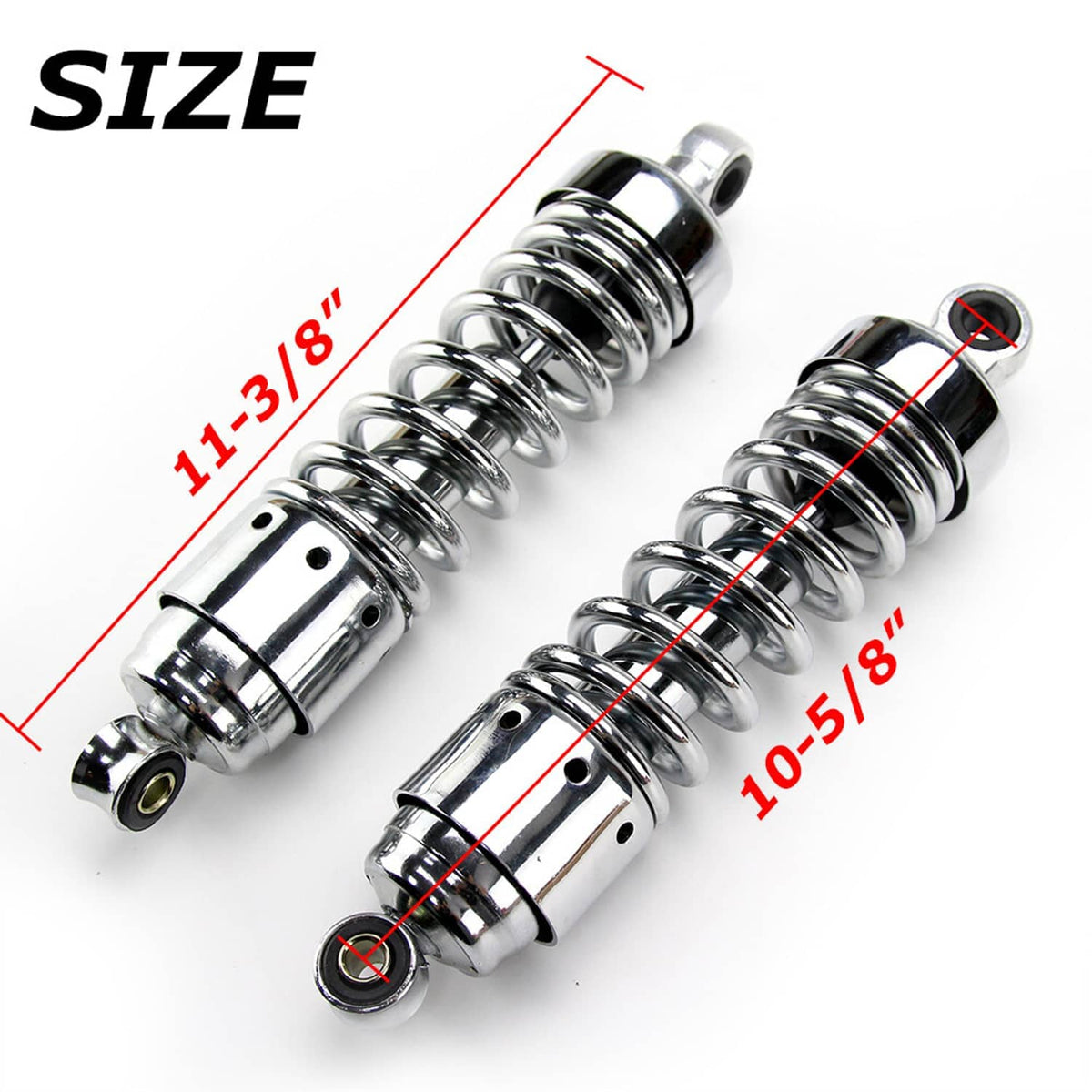 Chrome motorcycle rear shock absorbers showing approximate length measurements