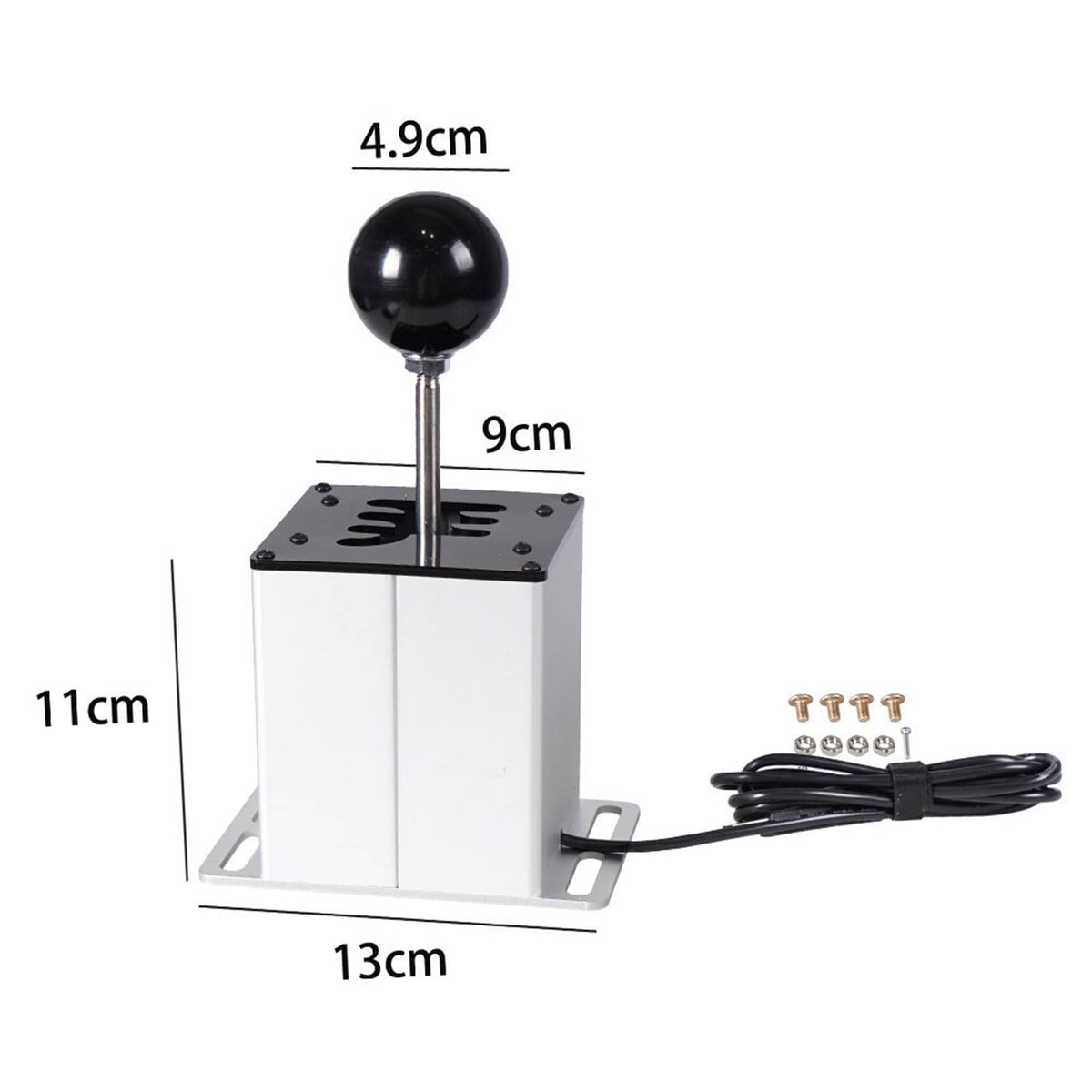 Compact USB gear shifter base with black shift knob and included mounting screws, cable