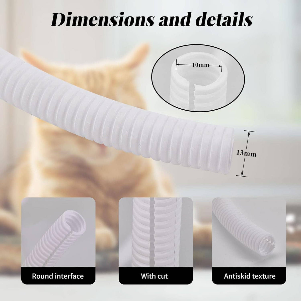 White corrugated cord protector sleeve showing 13mm thickness and 10mm inner opening