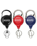 Three retractable tool zingers in black, red, and blue with clips