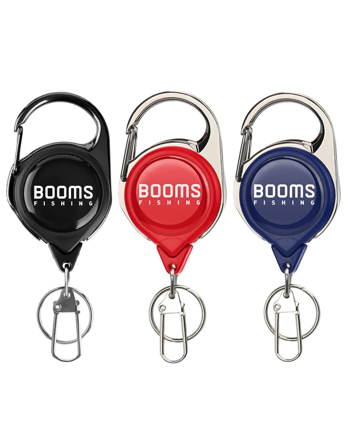 Three retractable tool zingers in black, red, and blue with clips