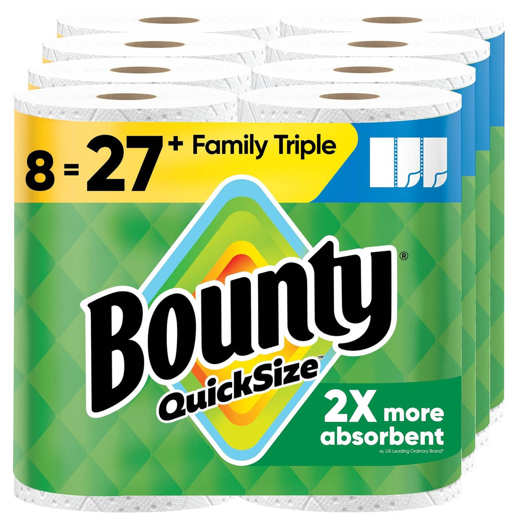 Bounty Quick-Size paper towels, white 8-roll pack with visible paper towel rolls