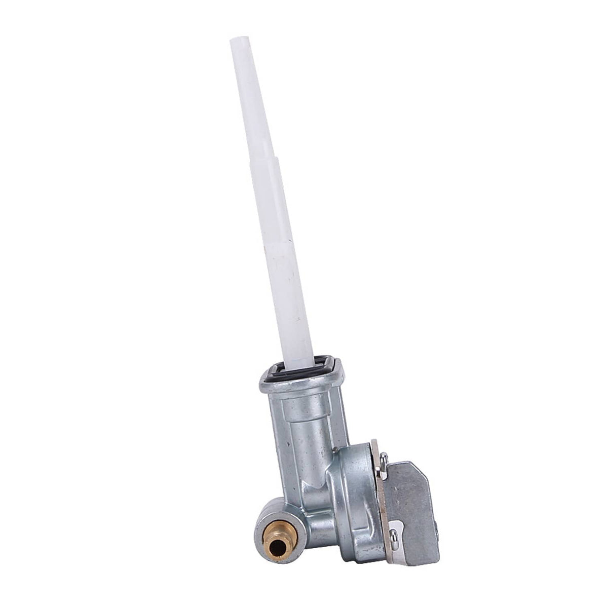 Fuel tank switch valve assembly with metal body, side mounting bracket, and white vacuum hose.
