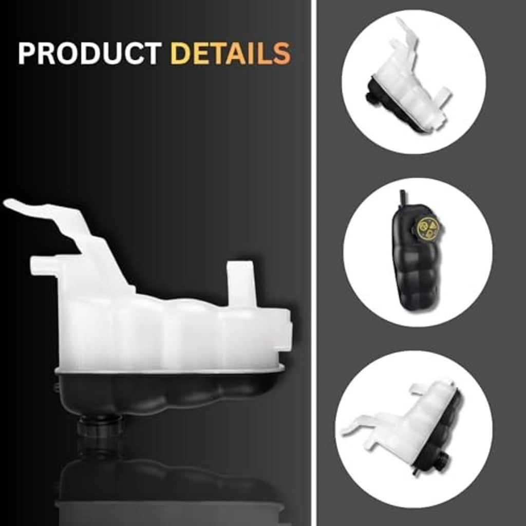 Coolant reservoir tank with cap, side view and outlet components