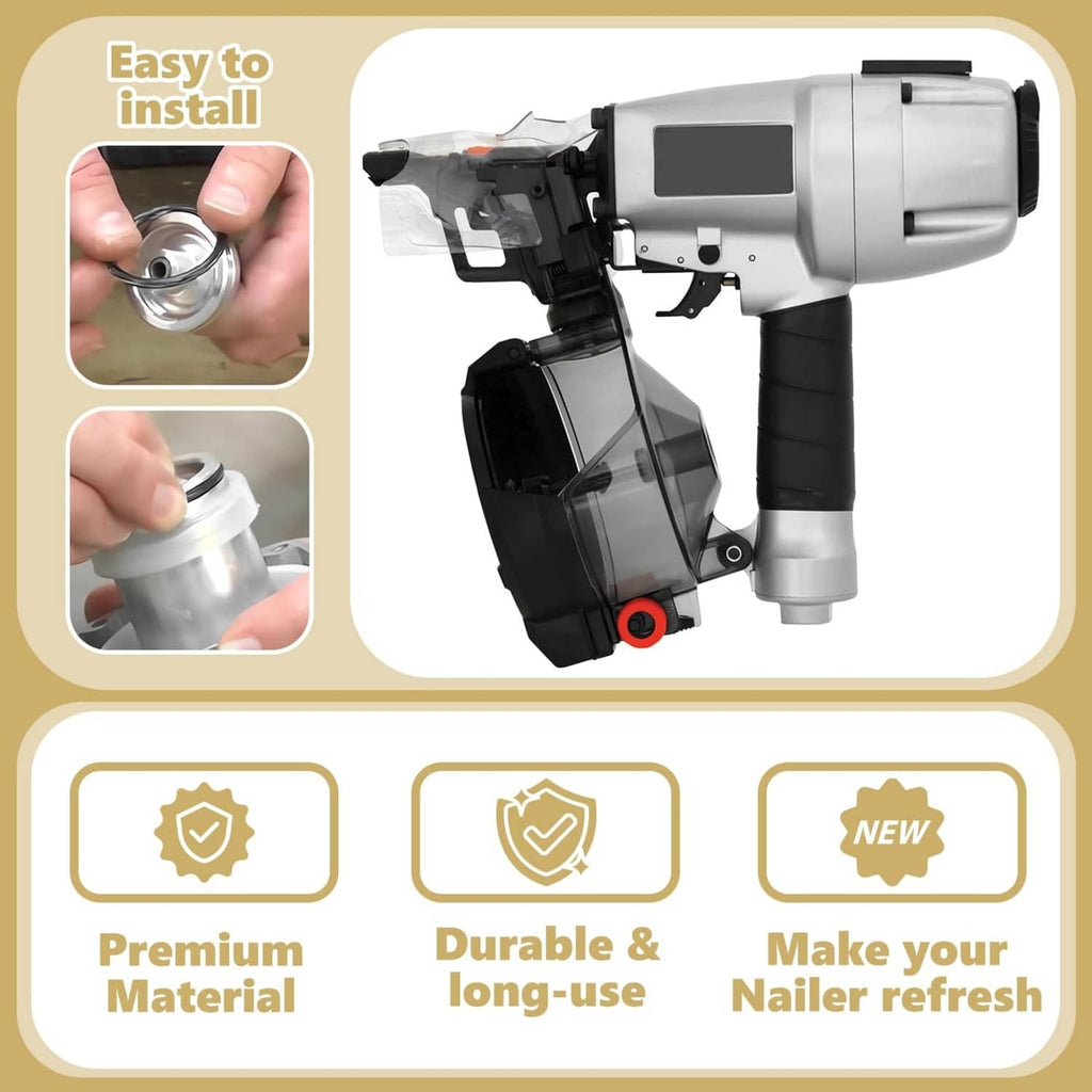 Piston nailer tool with easy-to-install O-ring replacement icons