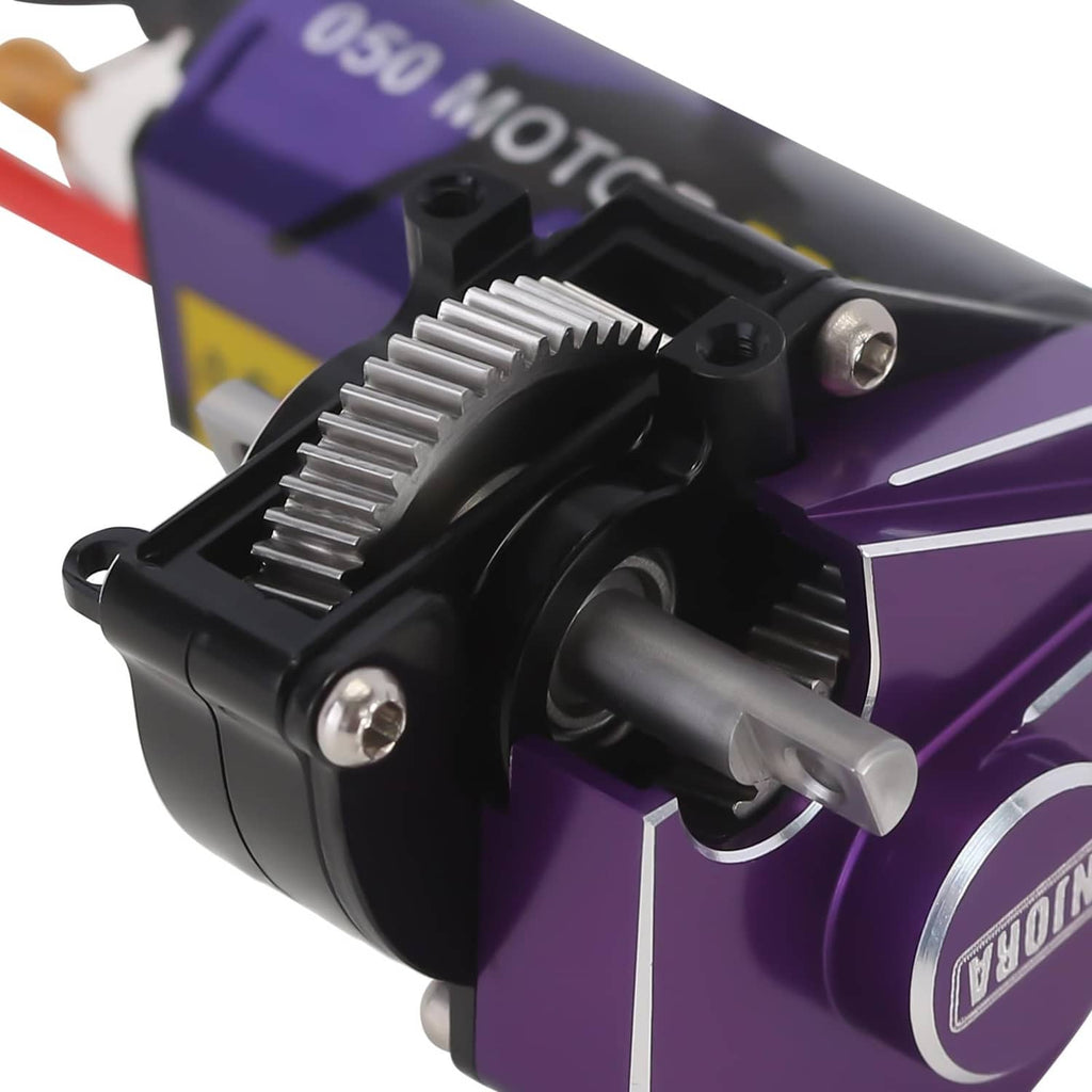 Brushed motor with transmission, close-up of gear teeth, gray output shaft, purple body