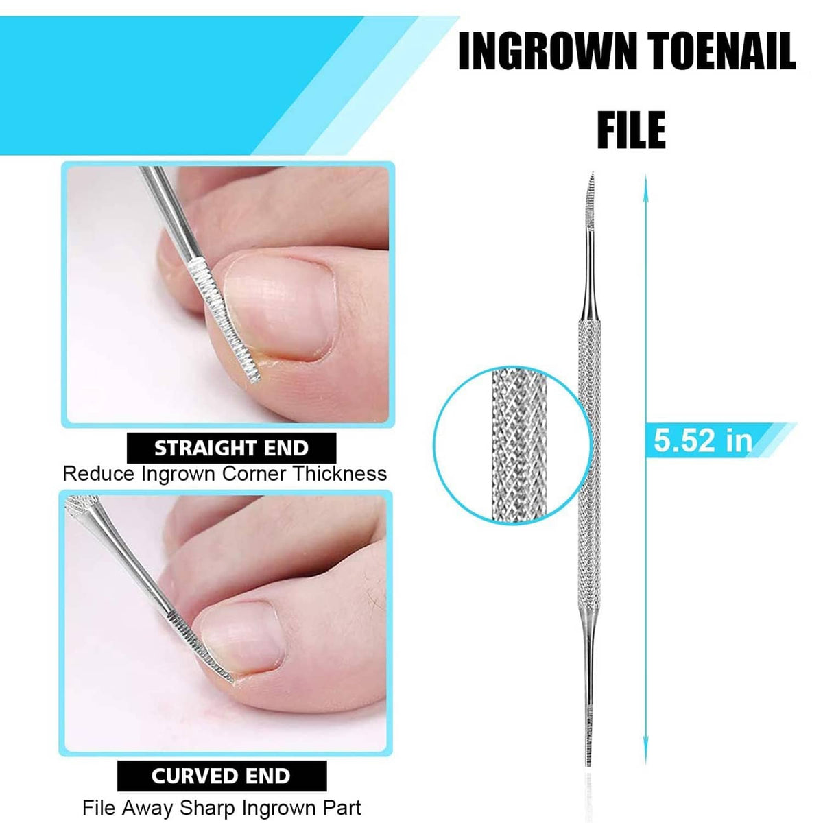 Ingrown toenail file with straight and curved ends for shaping thick or ingrown corners