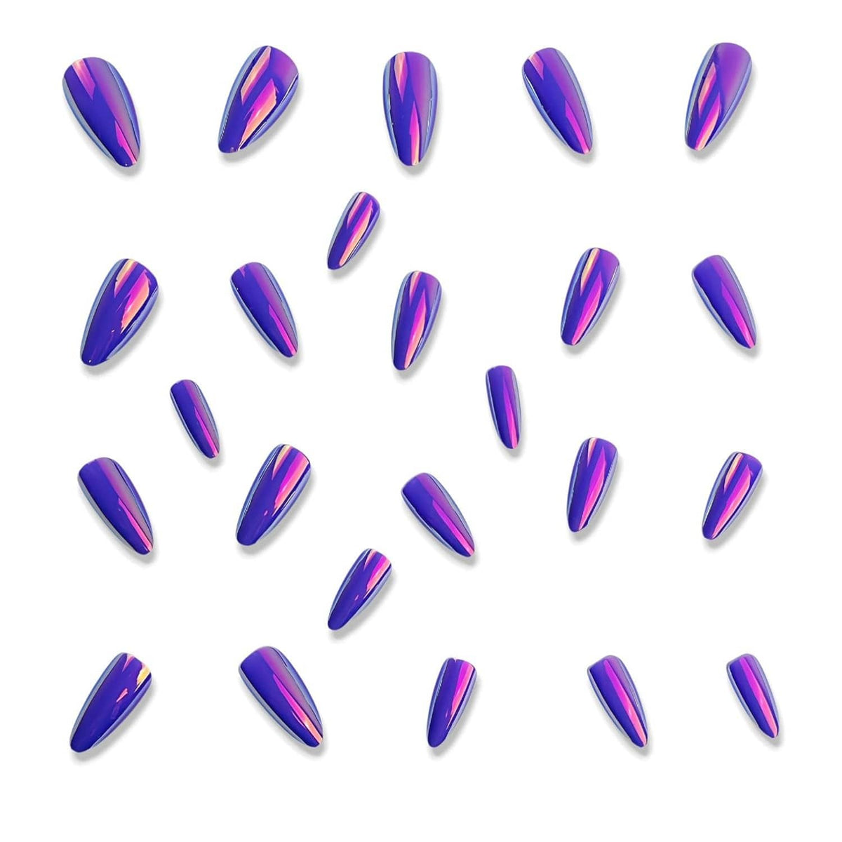 Purple iridescent chrome press-on nails, medium almond shape, individual tips on white