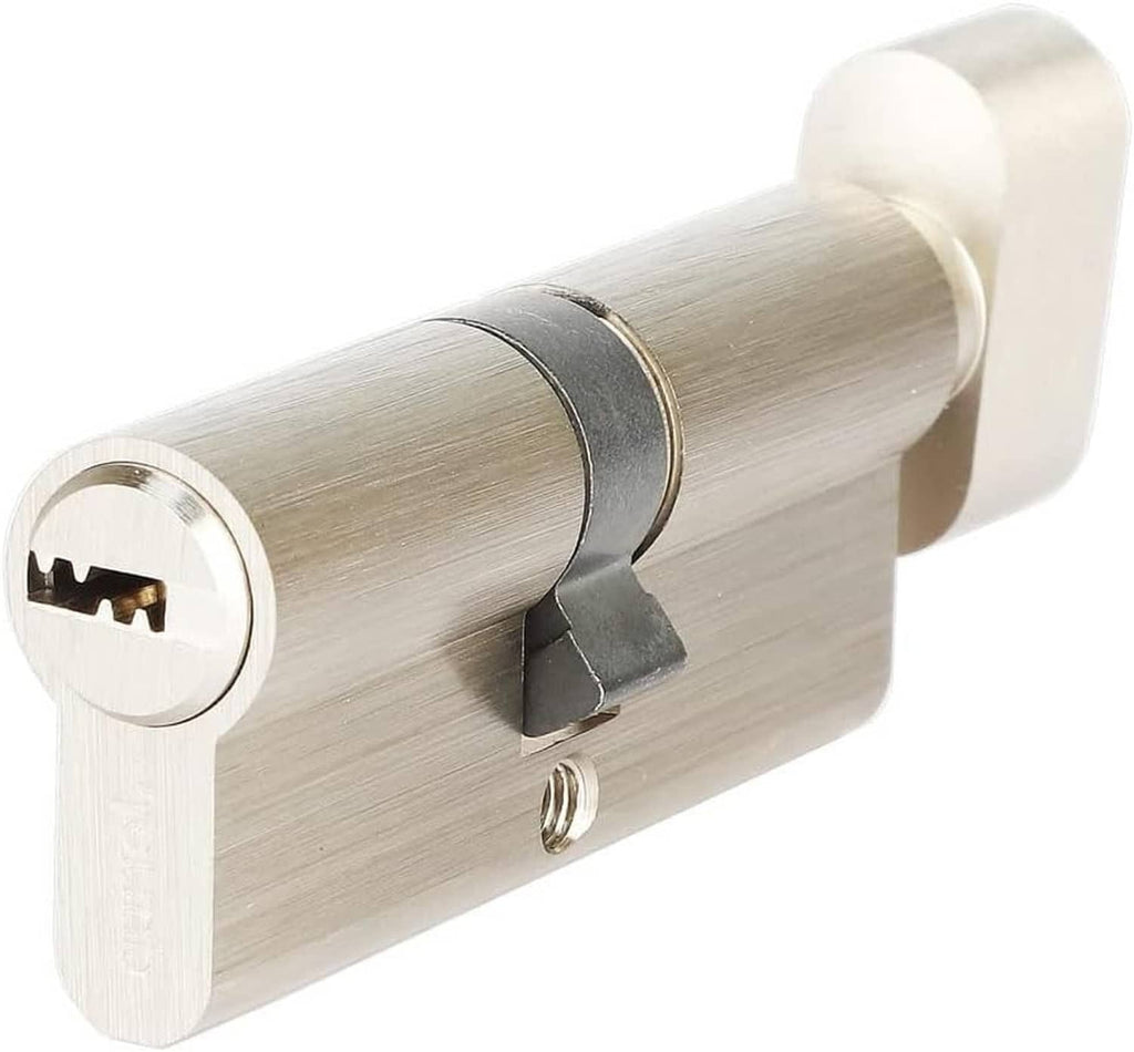 Brushed metal cylinder lock with keyway, black locking collar, and mounting hole