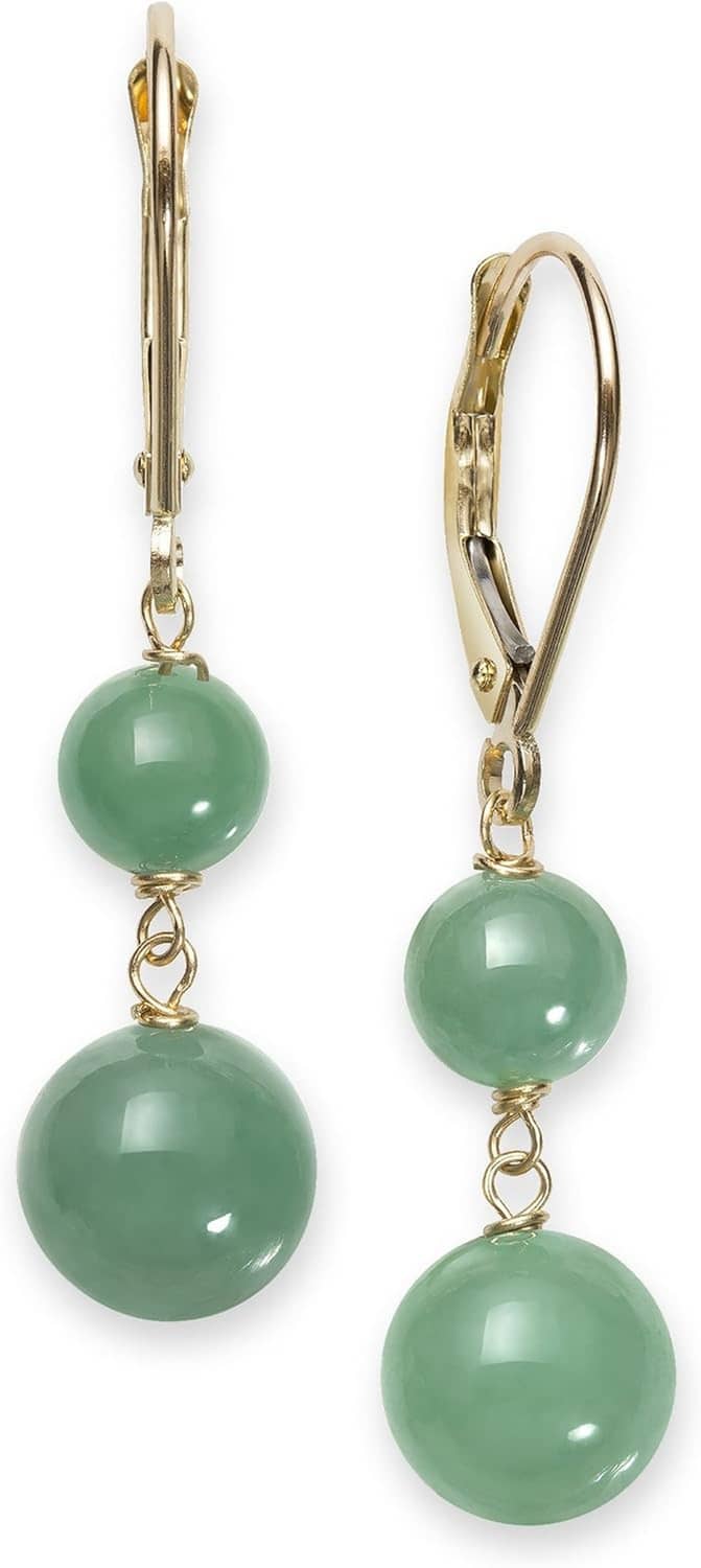 Yellow gold leverback dangle earrings with three green jade beads, hanging drop