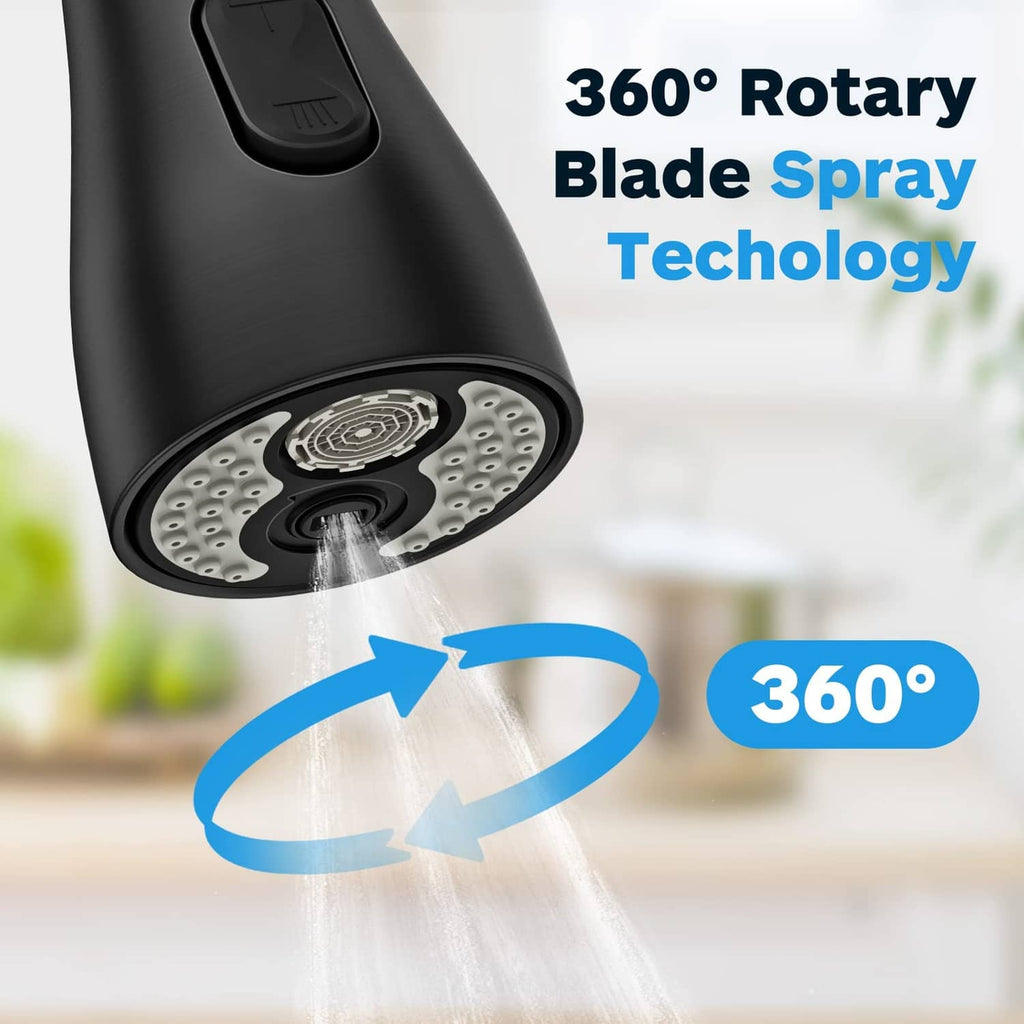 Black faucet head replacement with close-up blade-spray nozzle and circular water stream