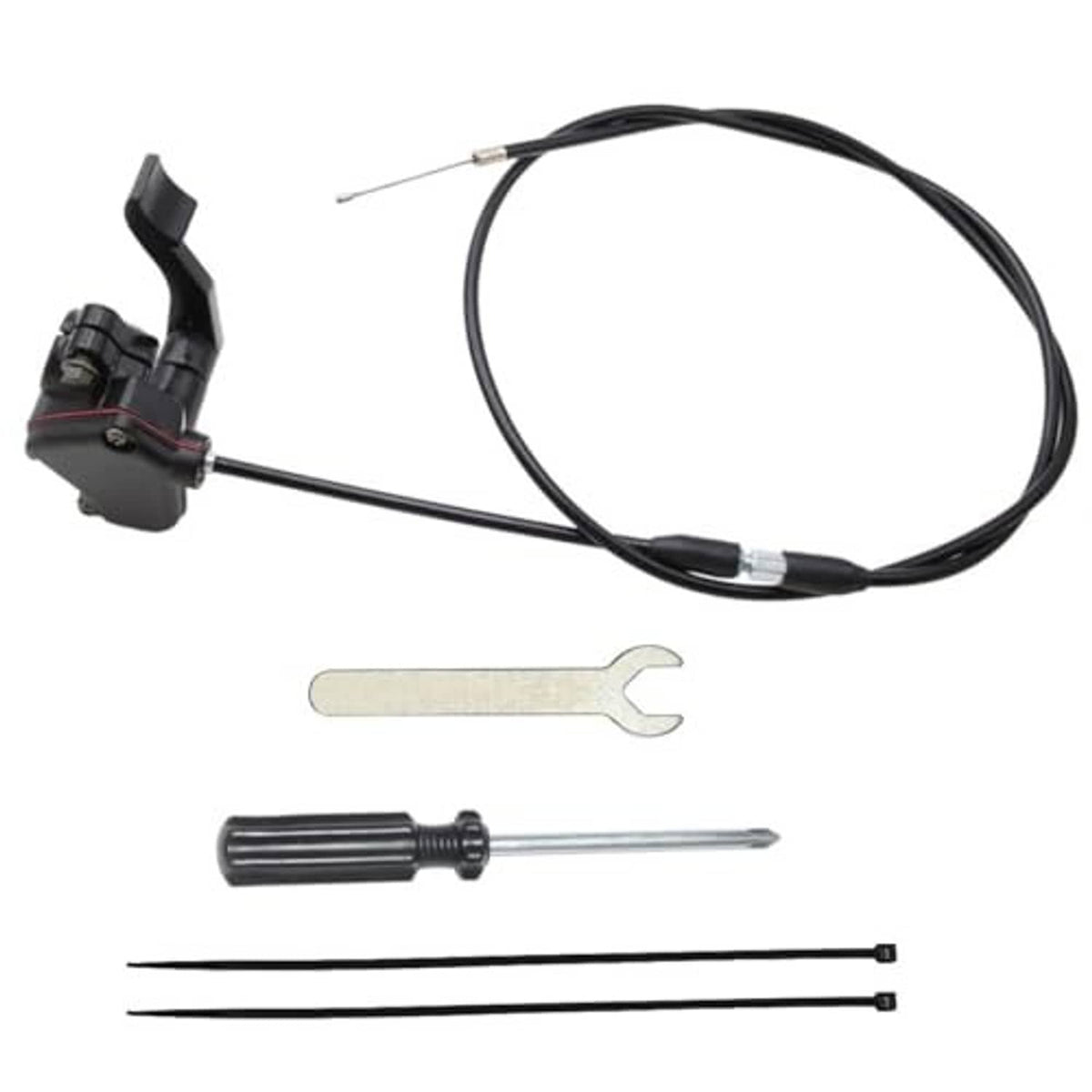 Black thumb throttle cable assembly kit with lever, cable line, and adjustment wrench