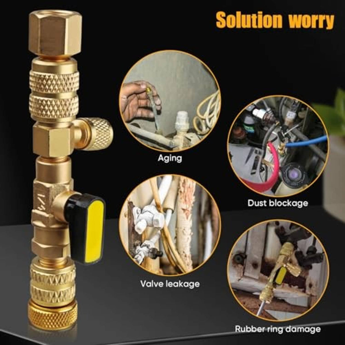 Brass valve core remover tool with yellow-black lever, upright stacked design