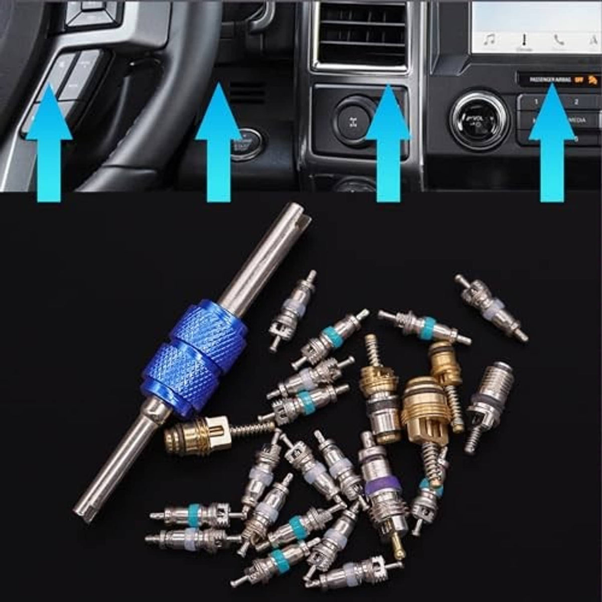Assorted air conditioner valve cores with blue-and-metal remover tool on dark surface