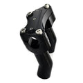 Black motorcycle handlebar riser top clamp with mounting bolts and curved riser block