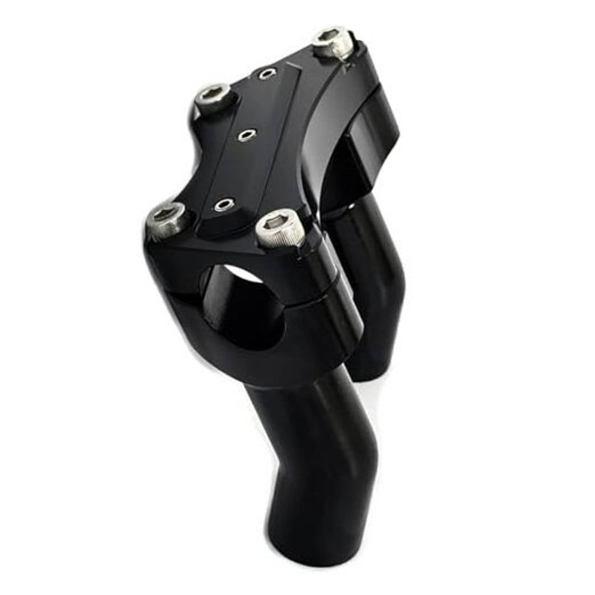 Black motorcycle handlebar riser top clamp with mounting bolts and curved riser block