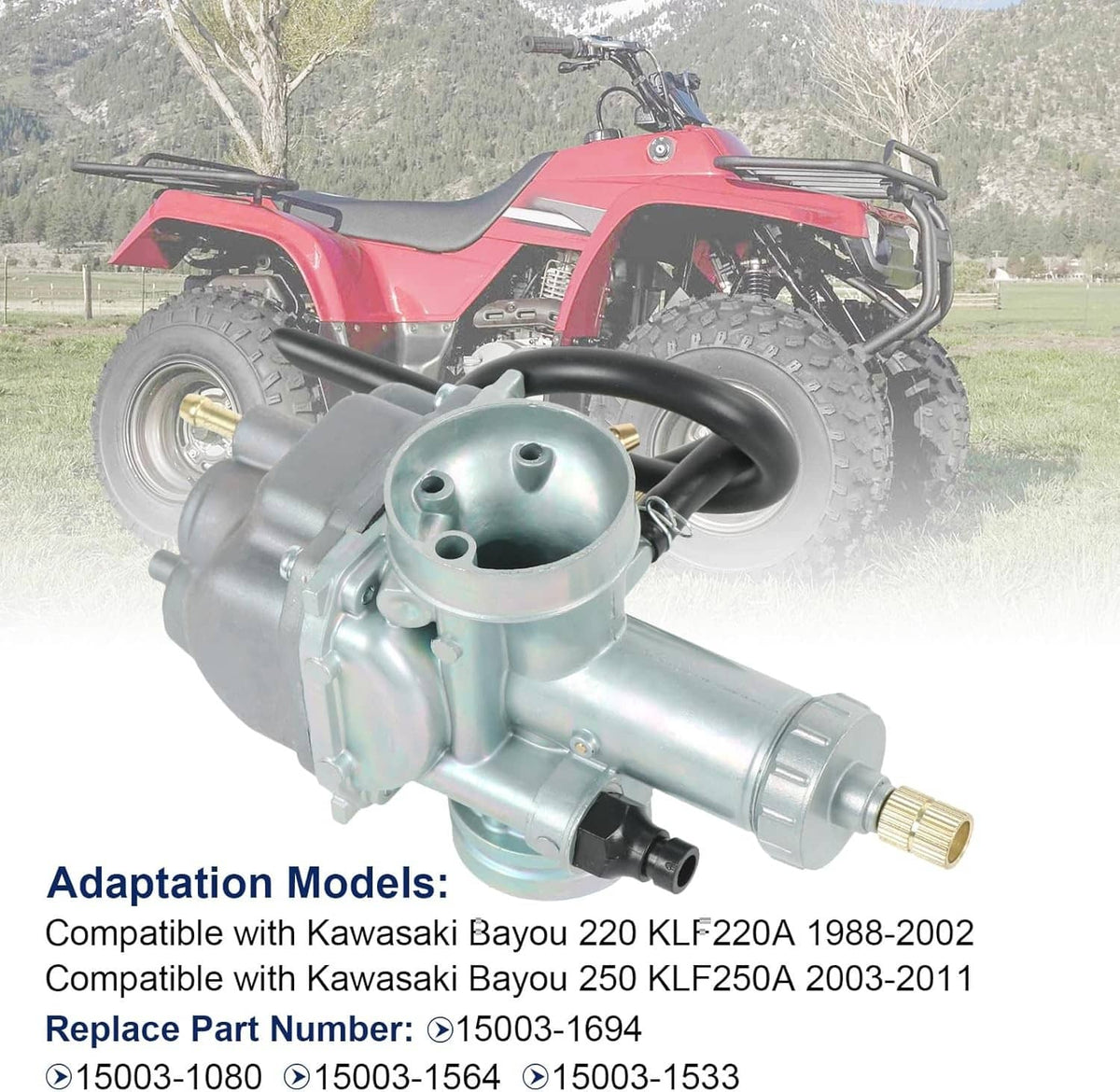 ATV carburetor installed on engine with fuel line and air intake port