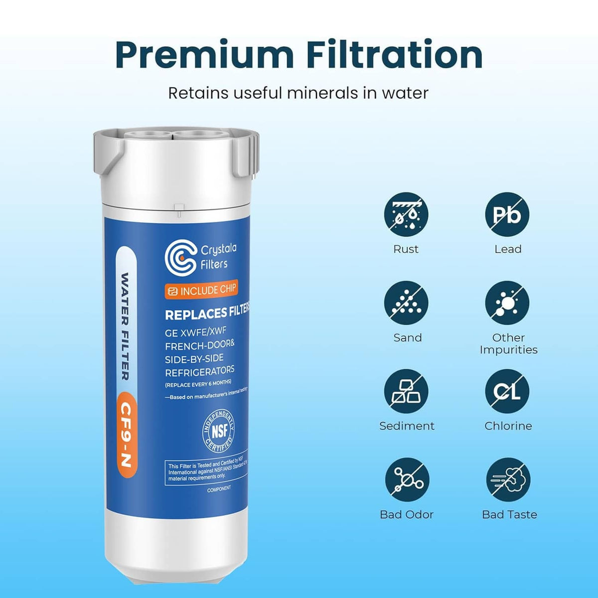 Refrigerator water filter cartridge, white with blue label and filtration benefit icons