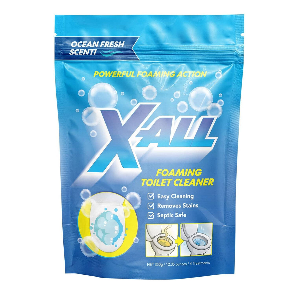 X-ALL foaming toilet cleaner powder pouch, blue with foaming-action graphics