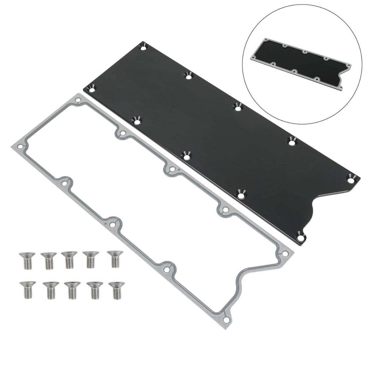 Black valley cover plate with gasket, mounting holes, and included bolts