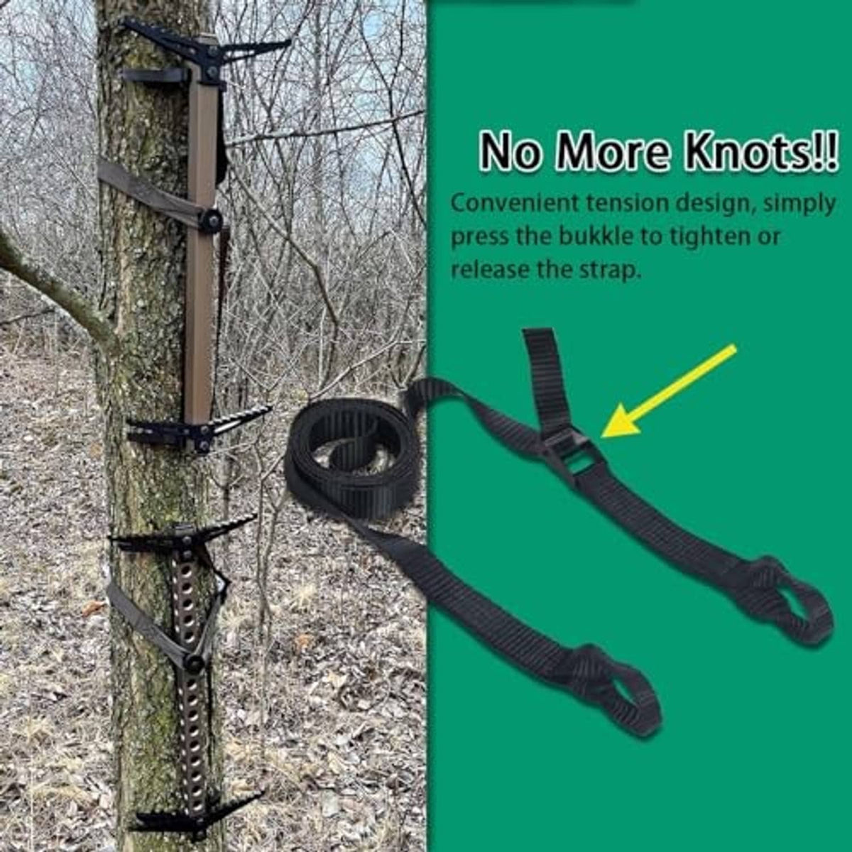 Black webbing straps with buckles, one coiled and one mounted on a tree