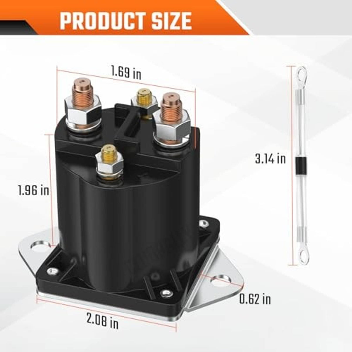 12V solenoid relay, black canister with four terminals and metal mounting base