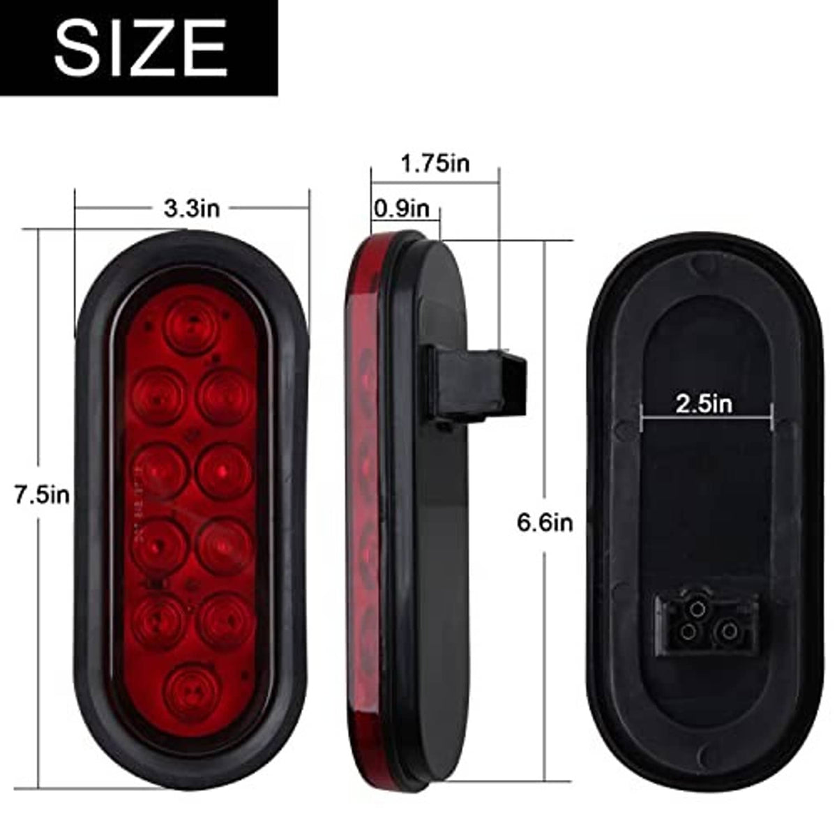 Oval LED trailer tail light with red lens and black housing; side view with size diagram.
