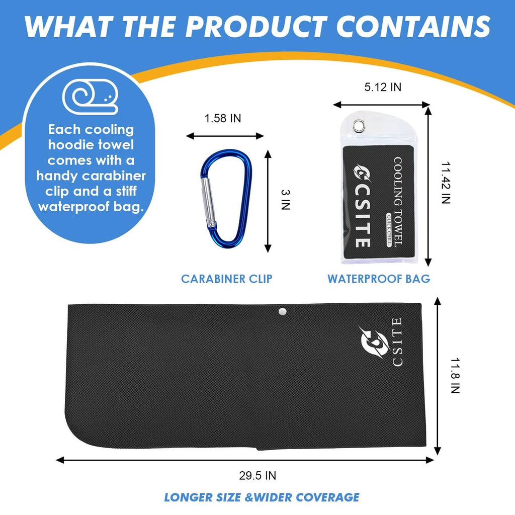 Black cooling hoodie towel with carabiner clip and waterproof storage bag