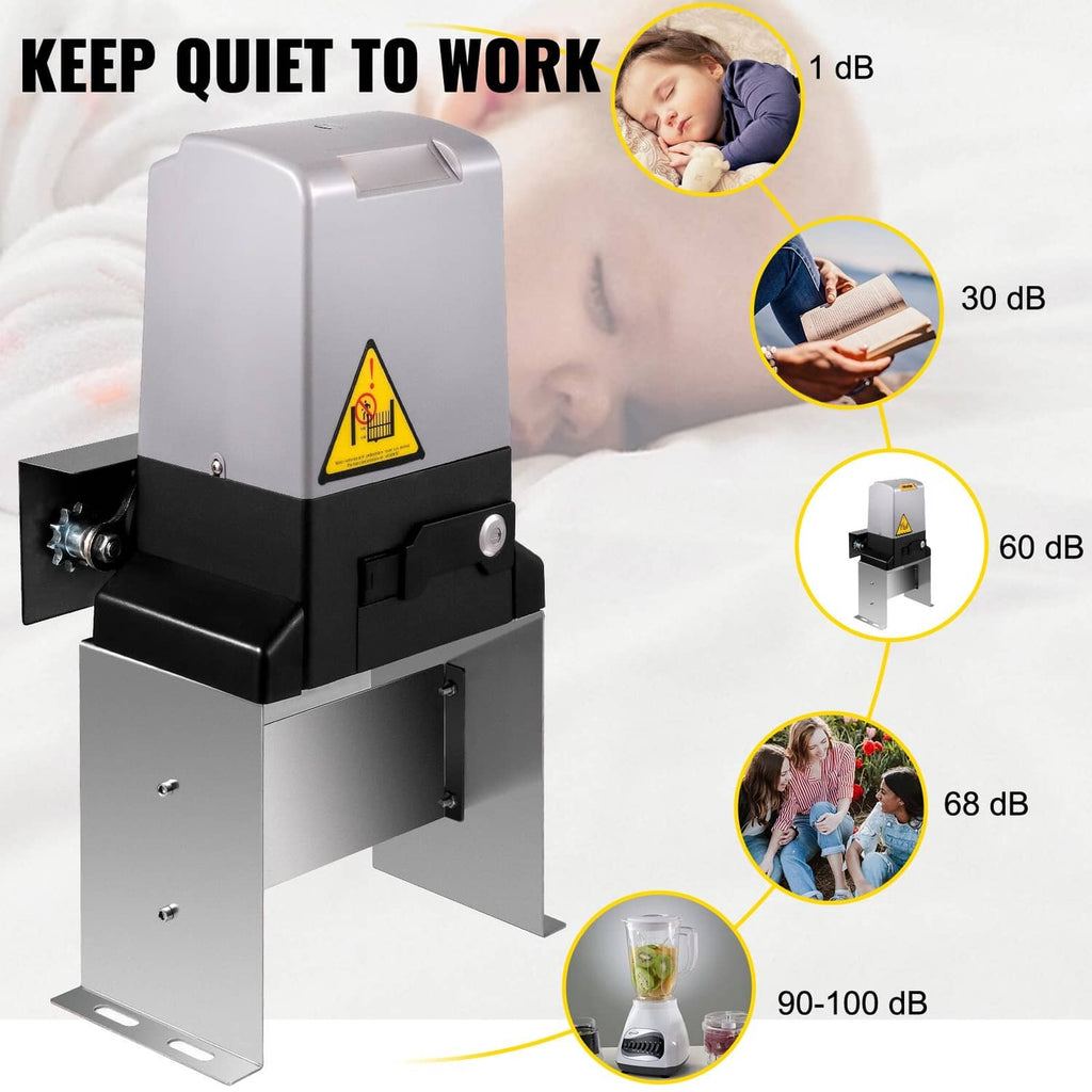 Automatic sliding gate opener with quiet operation noise level icons