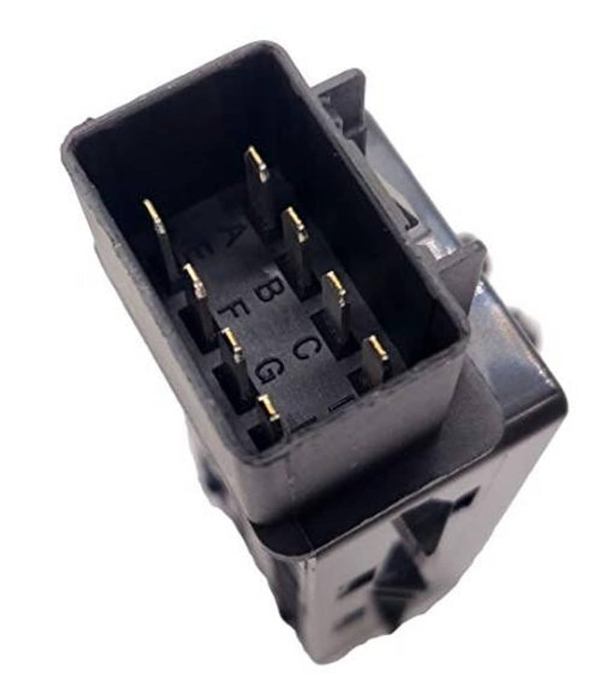 Power seat adjuster switch module, open connector cavity with gold pins in dark housing