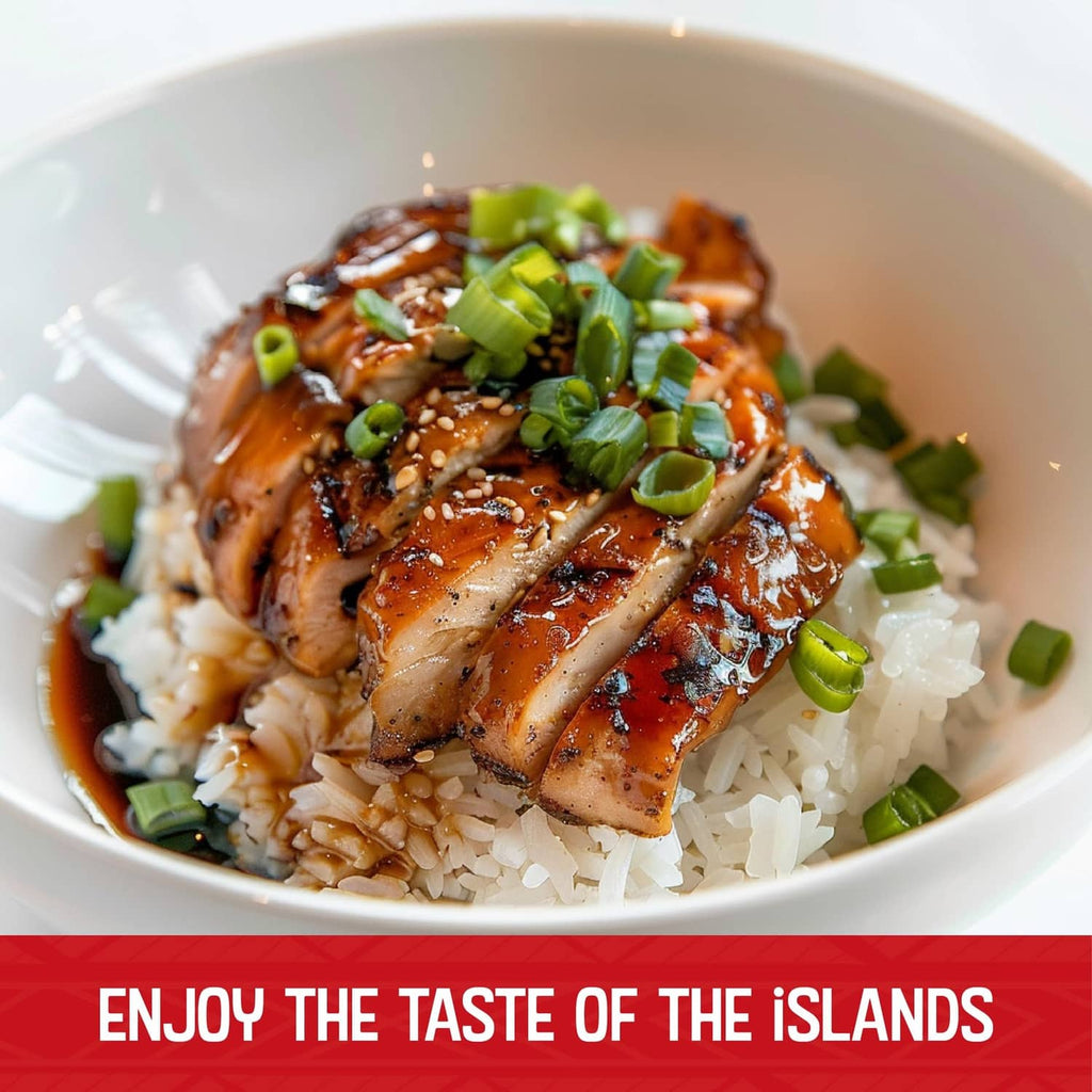 Plate of rice topped with glazed chicken and green onions
