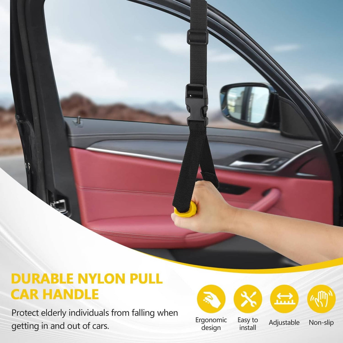 Yellow-and-black car door assist handle with black pull strap held at the door