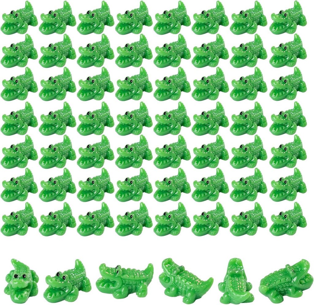 Set of mini green crocodile resin figurines, assorted standing and lying poses