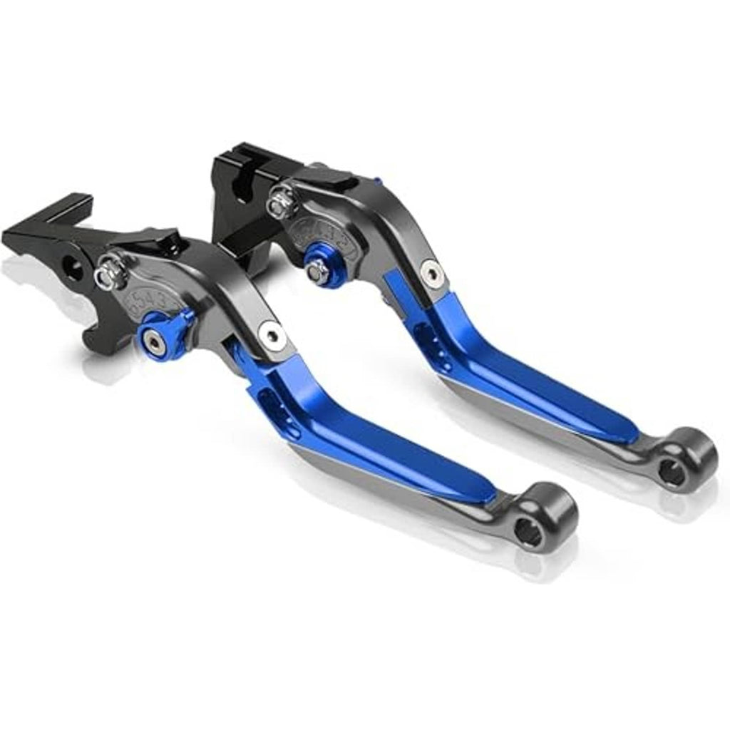 Blue brake and clutch lever pair with black bracket mounts and silver adjustment screws
