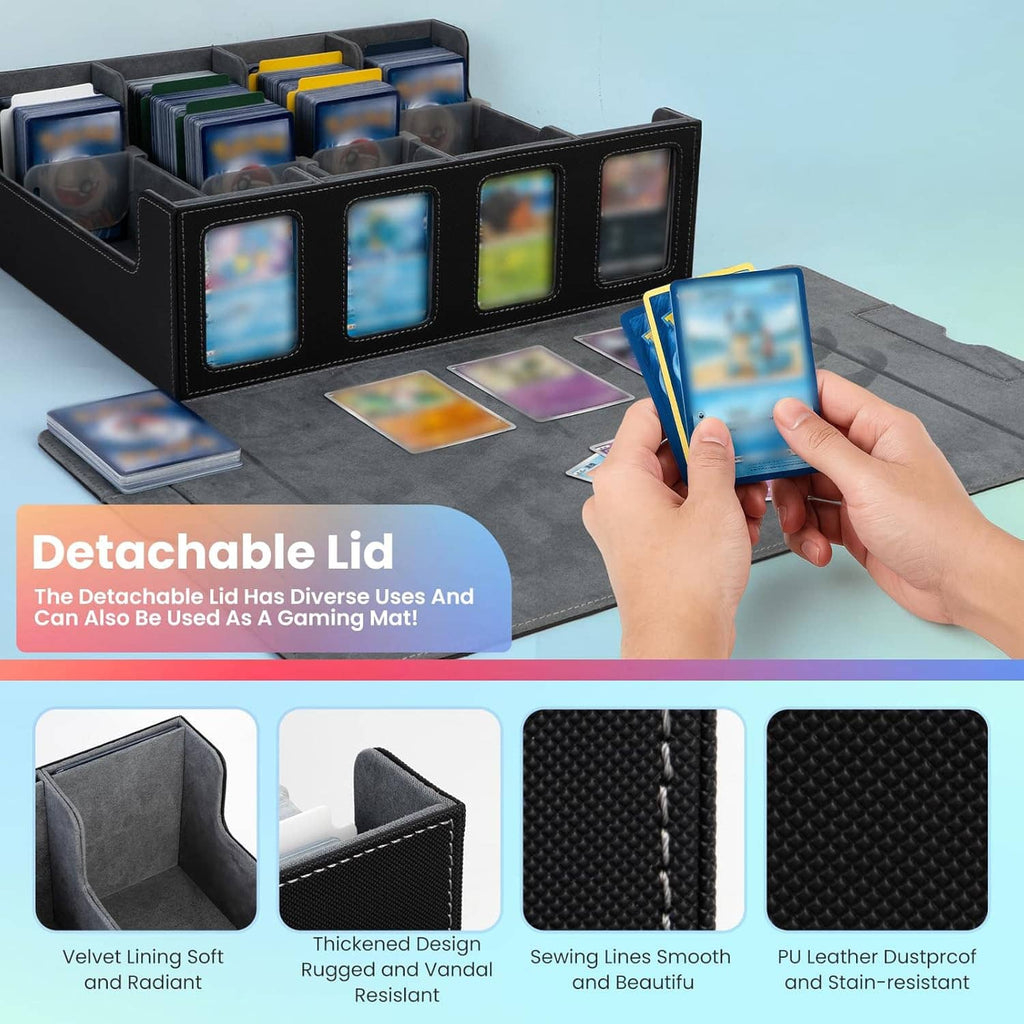 Black PU leather trading card storage box with detachable lid and side window pockets