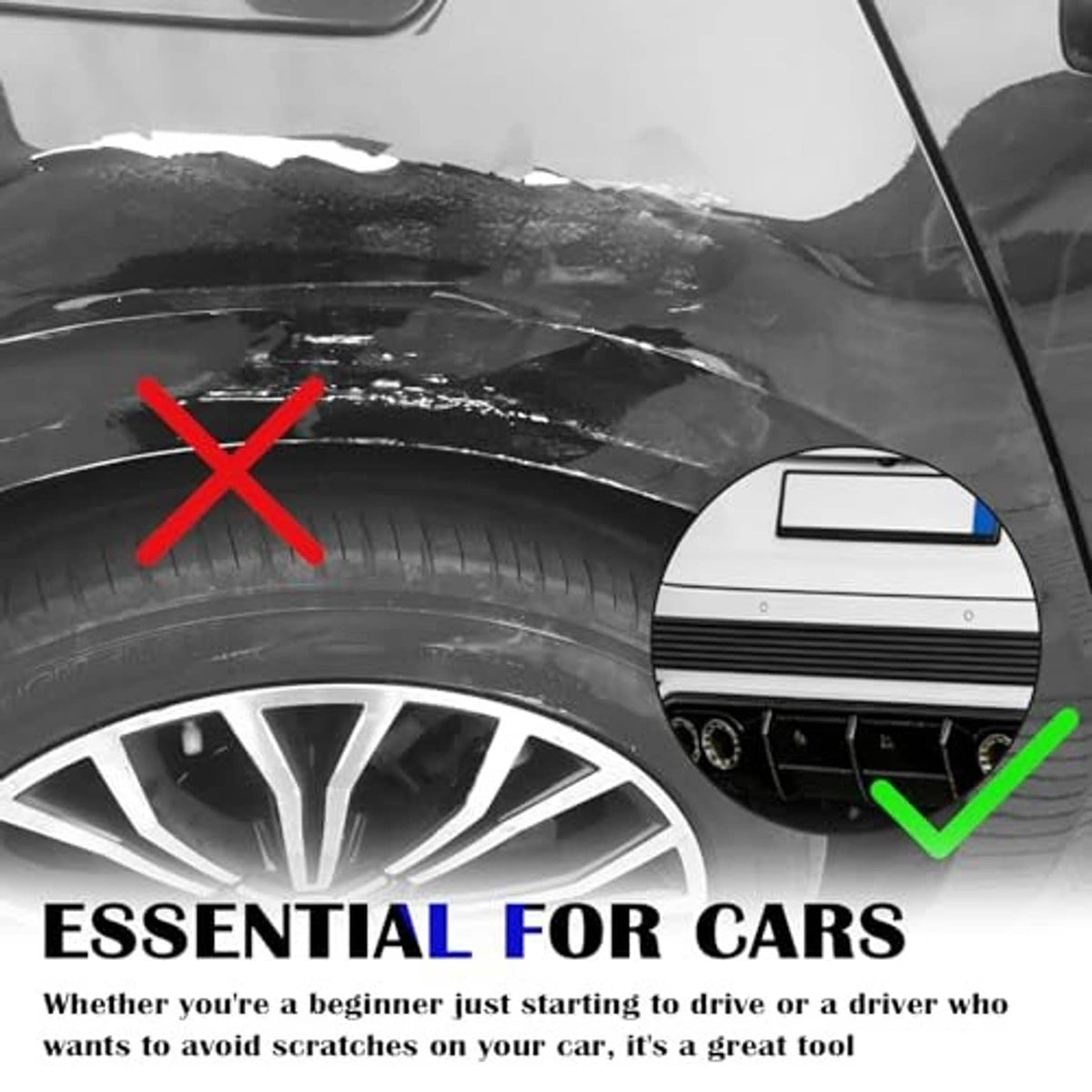 Correct vs incorrect bumper protection shown; dark gray rubber guard strip installed on car