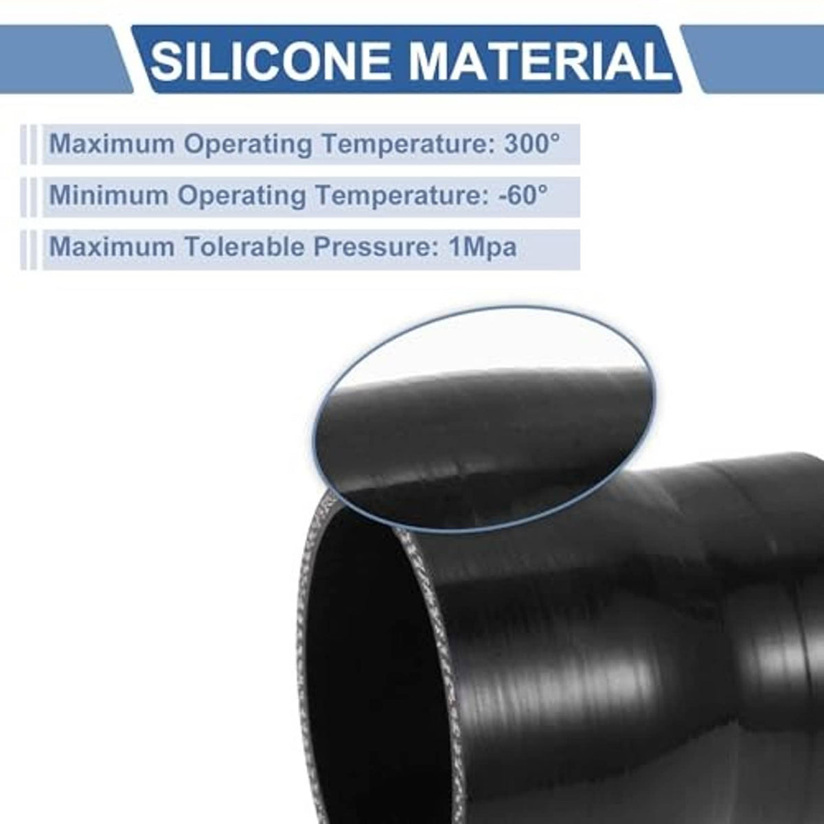 Black silicone hose reducer with braided edge, close-up of the hose material