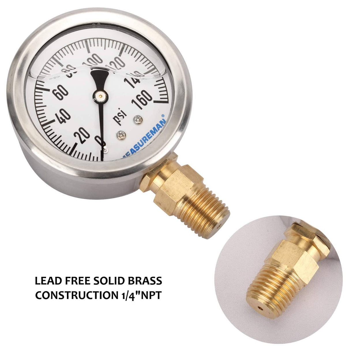 Lead-free solid brass 1/4" NPT pressure gauge fitting with stainless face