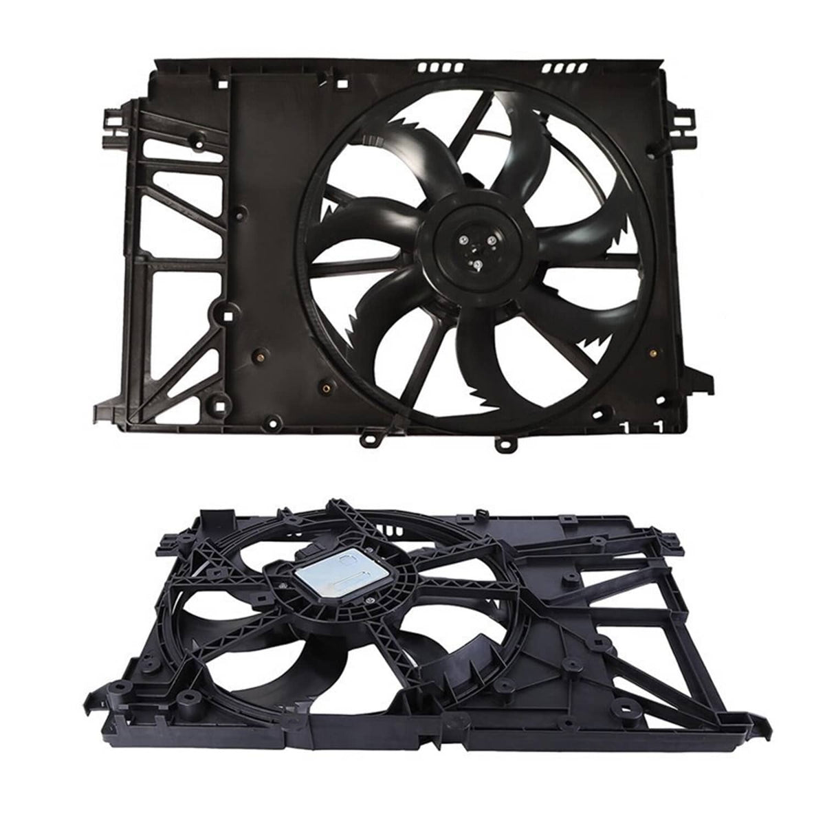 Radiator cooling fan assembly set showing black fan and front bracket frame