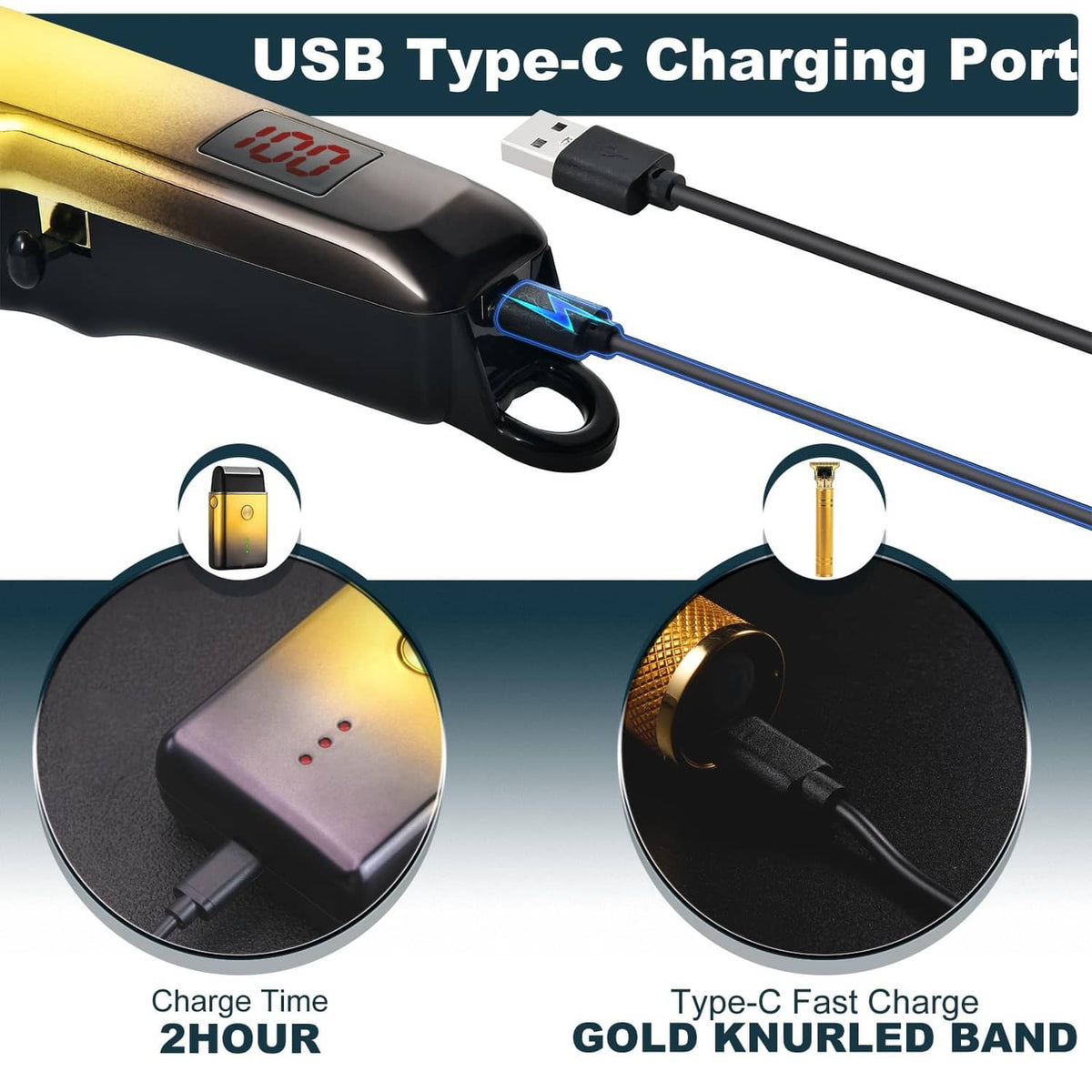 USB Type-C charging hair clipper with LED battery display and charging port