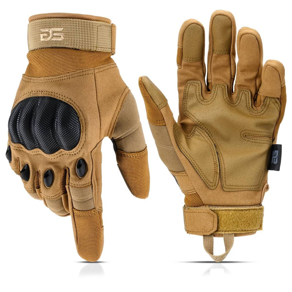 Tan tactical gloves with touchscreen-ready fingertips, padded knuckles, and adjustable wrist strap