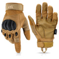 Tan tactical gloves with touchscreen-ready fingertips, padded knuckles, and adjustable wrist strap