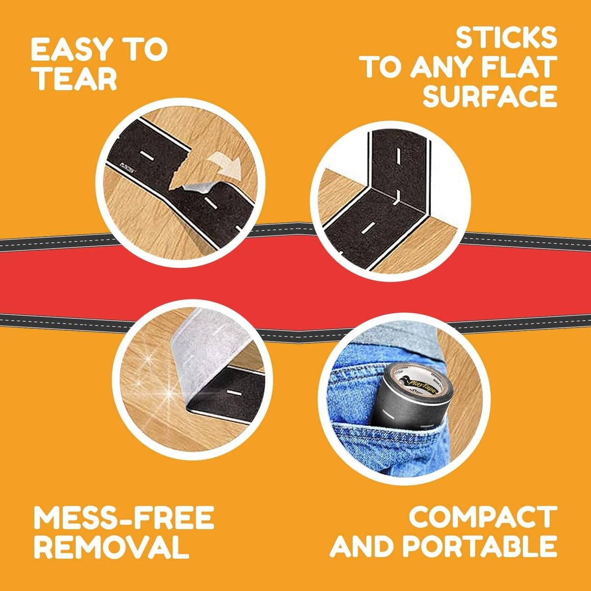 Road tape benefits graphic showing easy tear, flat stick, mess-free removal icons