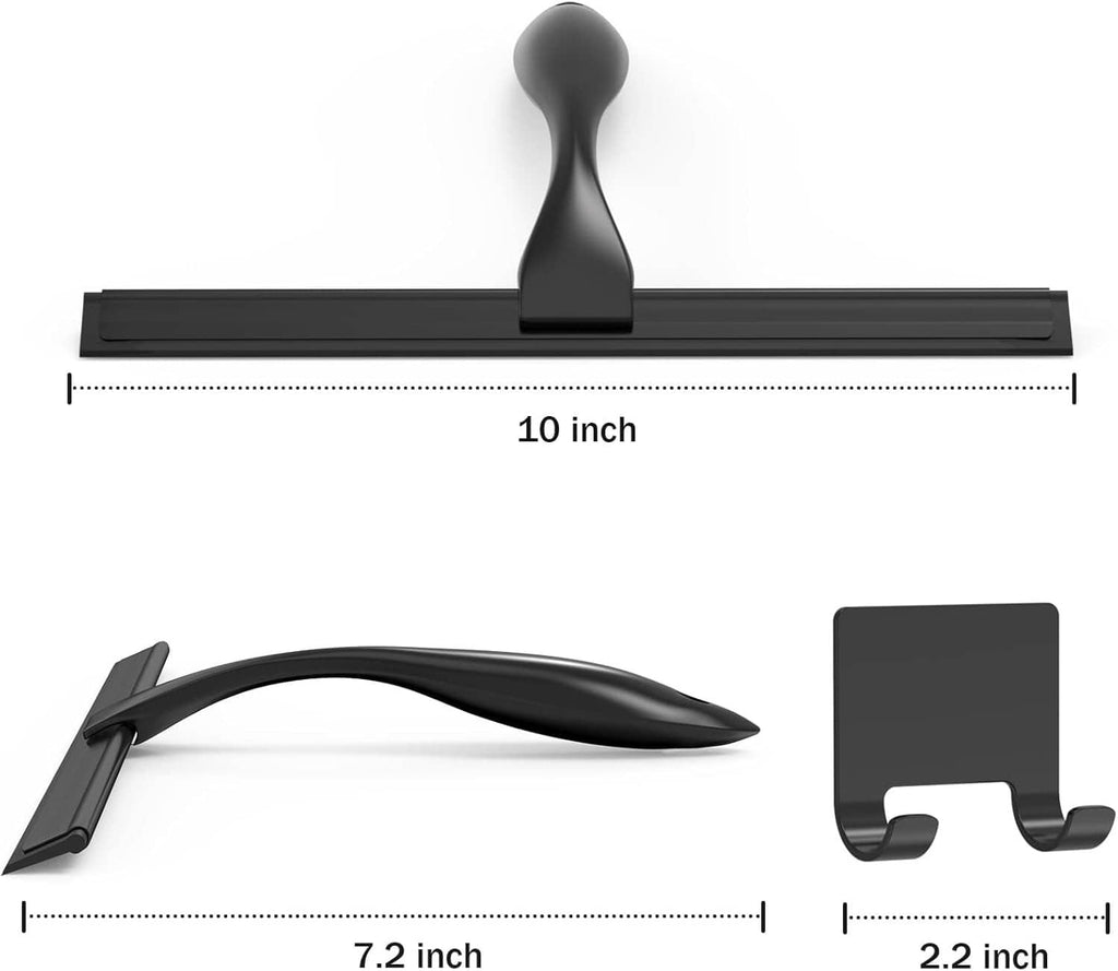 Black shower squeegee size chart: 10-inch wide blade with compact handle.