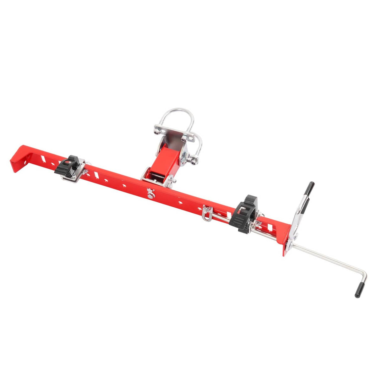 Red mower trimmer holder rack with U-bolt mounts and adjustable clamp legs
